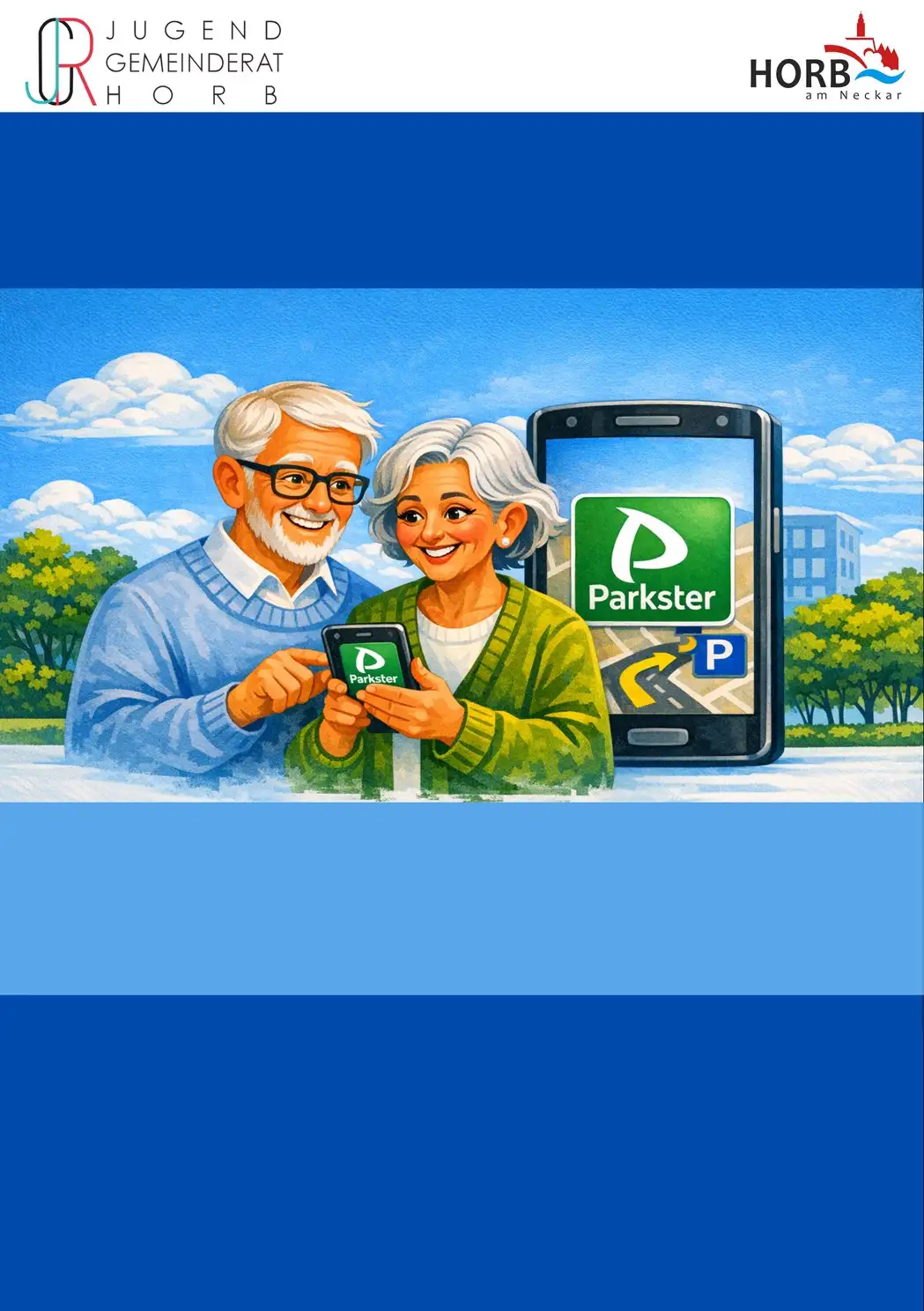 Plakat zur Parkster-App-Schulung für Seniorinnen und Senioren mit Angaben zu Termin und Ort sowie Hinweisen zur Anmeldung.