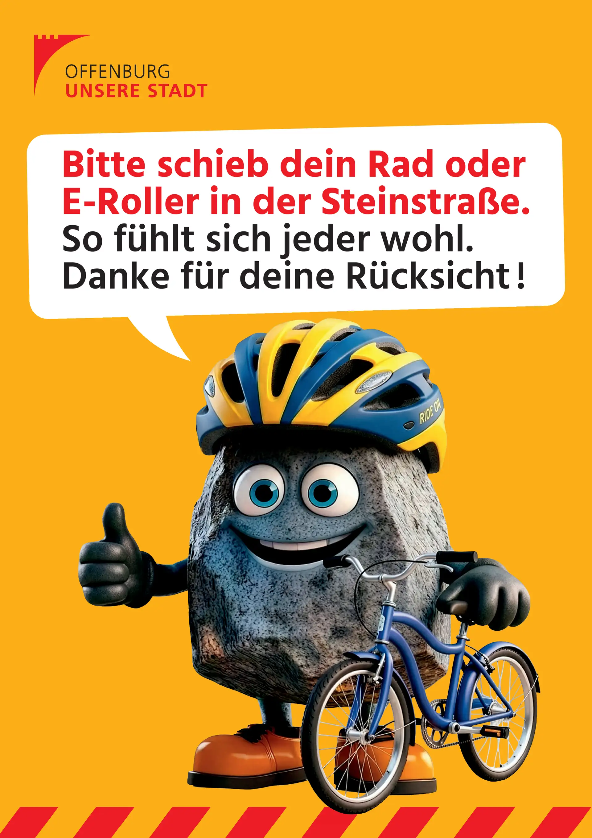 Baustellenmaskottchen Steini weist auf das Absteigen in der Offenburger Steinstraße hin