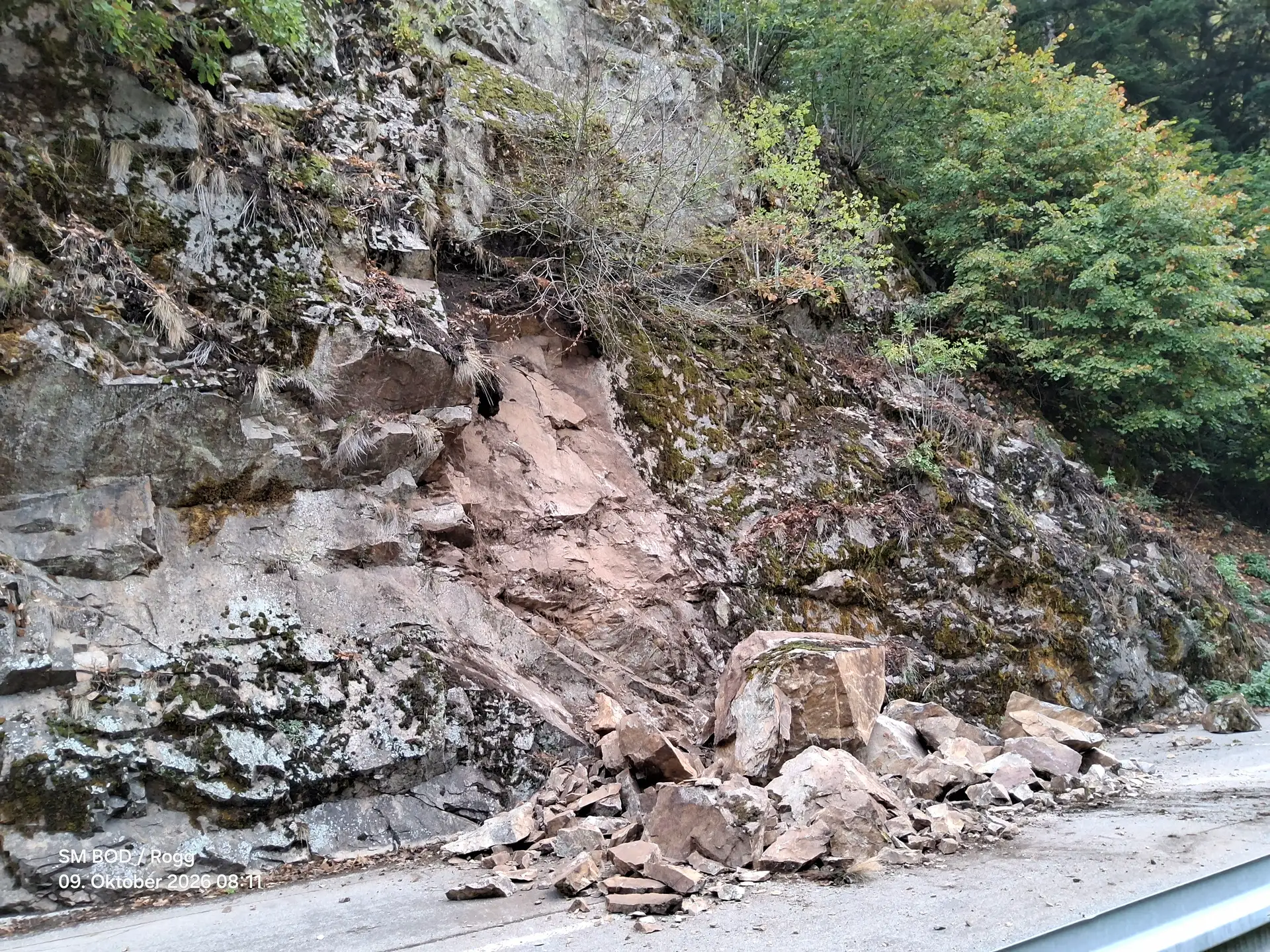Felssturz im Schlüchttal, ein etwa 2,0 × 1,5 m großer Felsblock blockiert die Landesstraße L157 zwischen Witznau und Riedersteg.