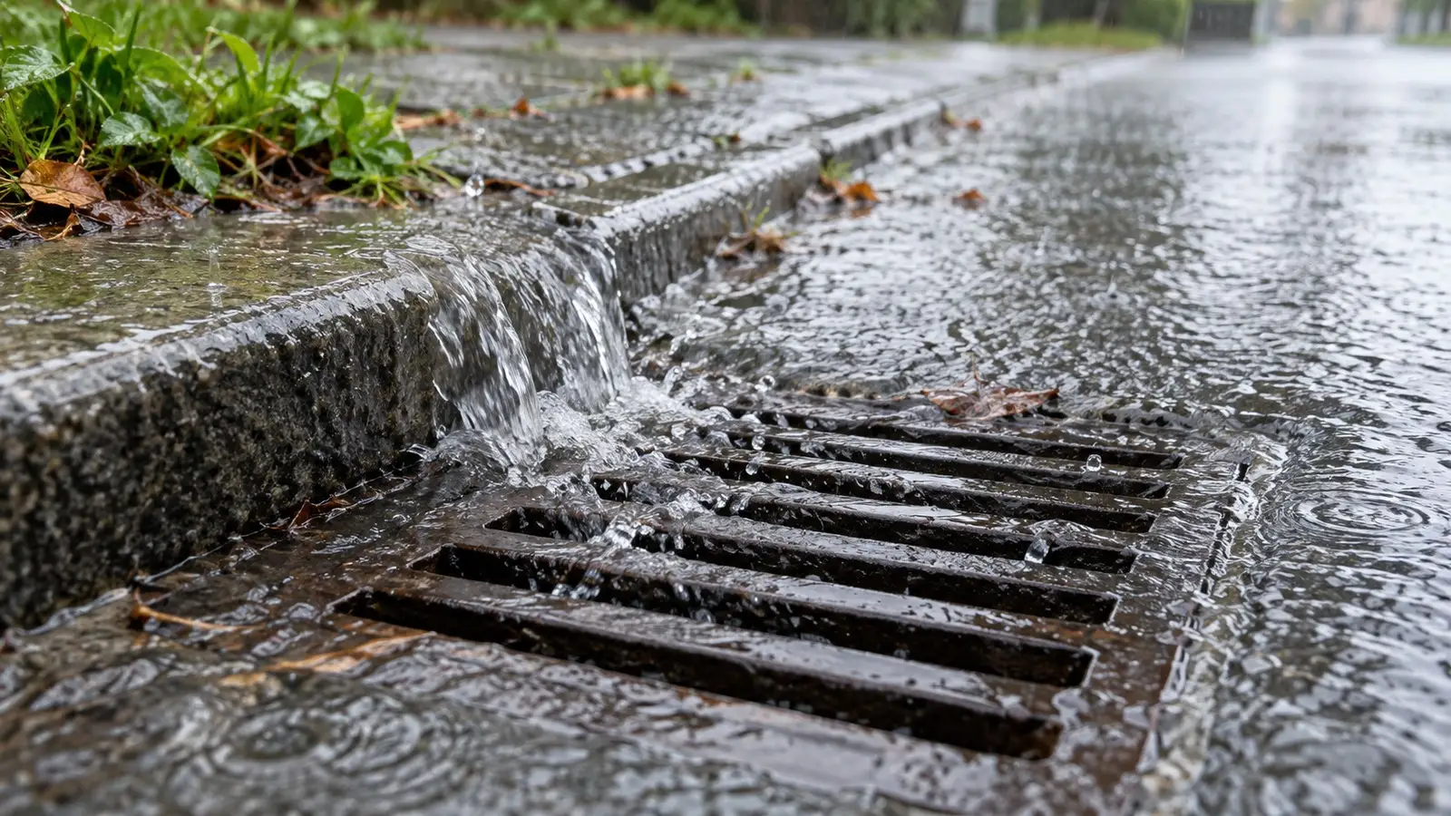 Regen am Straßenablauf. Neutrale Alltagskulisse ohne behaupteten Aufnahmeort.
